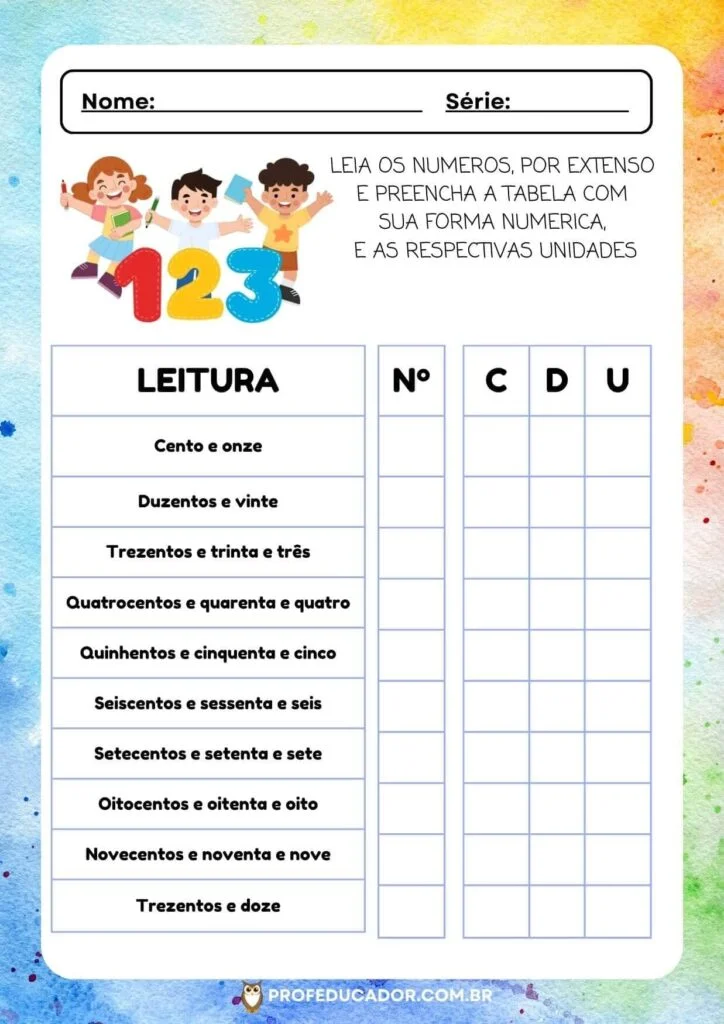 Atividade de Matemática Sobre Valor Posicional para Download 2 atividade Valor Posicional unidade dezena centena