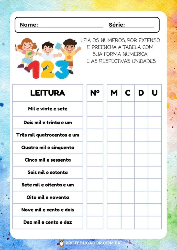 Atividade de Matemática Sobre Valor Posicional para Download 3 atividade Valor Posicional unidade dezena centena milhar